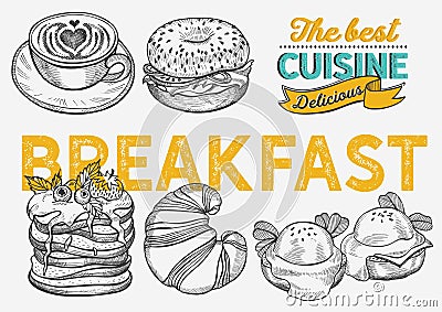 Breakfast and brunch food illustration - bagel, coffee, pancake, egg Vector Illustration