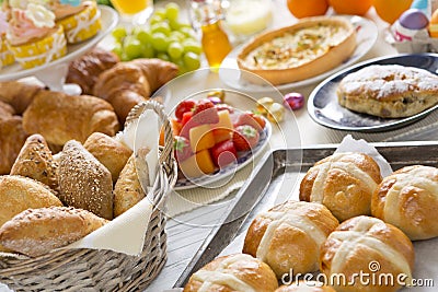 Table with delicatessen ready for Easter brunch Stock Photo