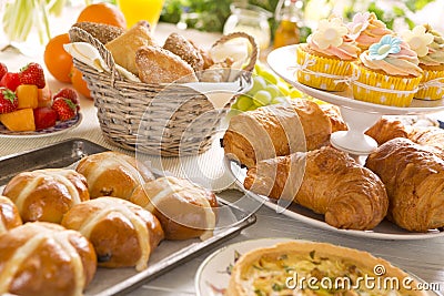 Table with delicatessen ready for Easter brunch Stock Photo