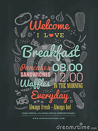 Breakfast cafe Menu Design typography on chalk board Vector Illustration