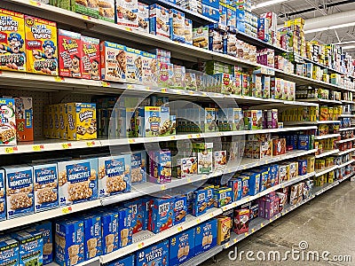 The breakfast cereal aisle at a Walmart Store with no people Editorial Stock Photo