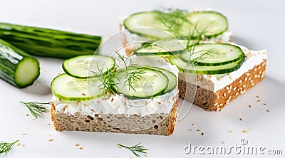 Breakfast, cereal bread sandwiches, cream cheese, sliced cucumber, with micro greenery on a light table Stock Photo