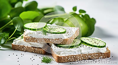 Breakfast, cereal bread sandwiches, cream cheese, sliced cucumber, with micro greenery on a light table Stock Photo