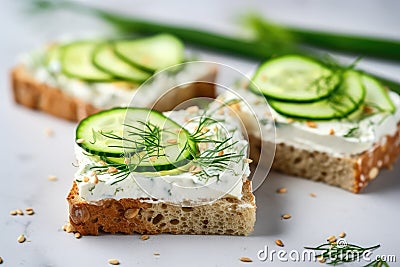 Breakfast, cereal bread sandwiches, cream cheese, sliced cucumber, with micro greenery on a light table Stock Photo