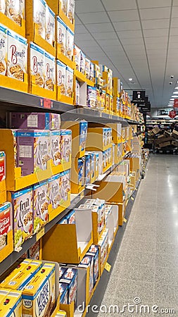 Breakfast cereal section in Aldi supermarket showing food goods for sale Editorial Stock Photo