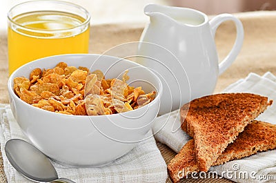 Breakfast cereal with toast and juice. Stock Photo