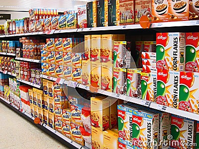 Breakfast cereals in a superstore. Editorial Stock Photo