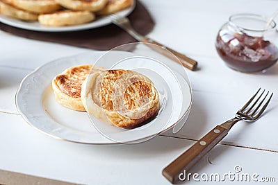 Breakfast with cheese pancakes, coffee and jam Stock Photo