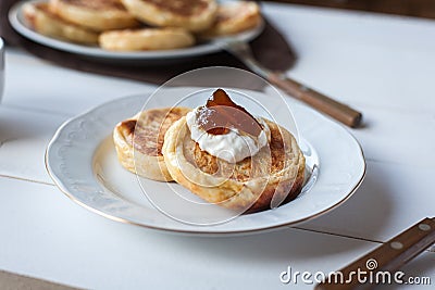 Breakfast with cheese pancakes, coffee and jam Stock Photo