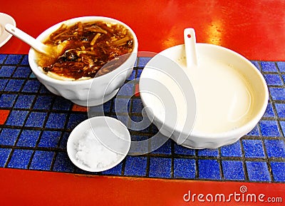 Breakfast in China, soya milk & savory beancurd Stock Photo