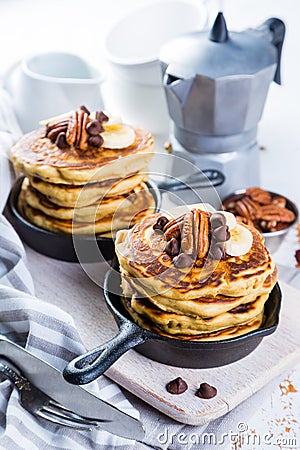 Breakfast - chocolate chip pancakes with coffee and juice Stock Photo