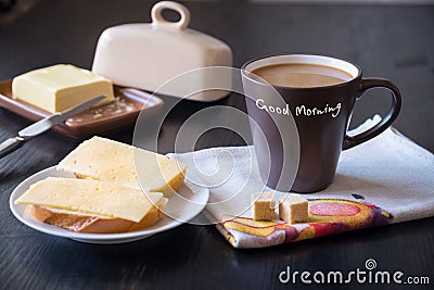 Breakfast with coffee and fresh sandwiches with cheese Stock Photo