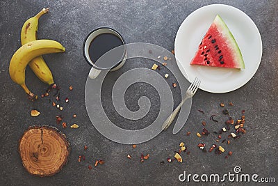 Breakfast with coffee and fruits Stock Photo