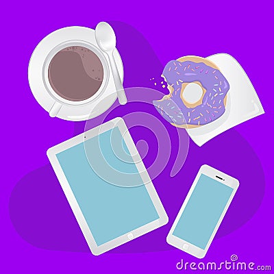 Breakfast concept top view. Set smartphone, tablet, coffee and donut Cartoon Illustration