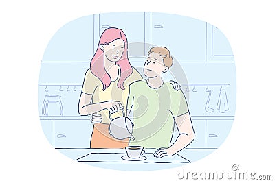 Breakfast, couple togetherness, tea or coffee concept Vector Illustration