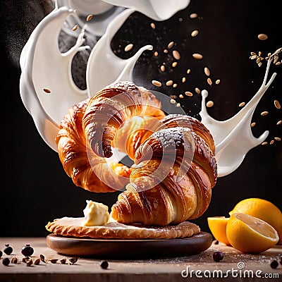 Breakfast croissants, traditional french baked pastry bun Stock Photo