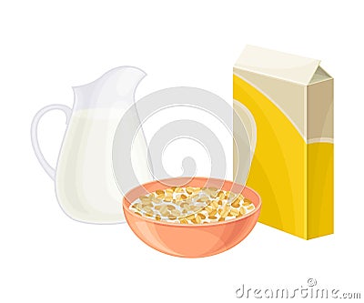 Breakfast Crunchy Cereal Poured in Bowl with Milk Vector Illustration Vector Illustration