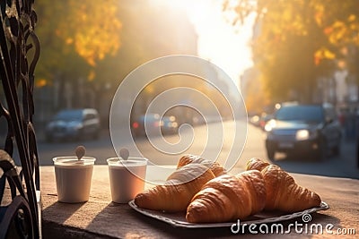 paris cup france bar drink breakfast french table croissant food. Generative AI. Stock Photo