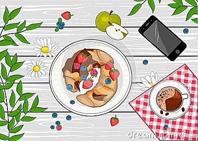 Breakfast with delicious croissant Vector Illustration