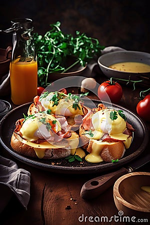 A breakfast of eggs benedict with crusty sourdough bread. Stock Photo