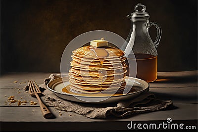 Breakfast of delicious fresh pancakes and butter on rustic wooden background Stock Photo