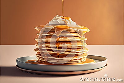 Breakfast of delicious fresh pancakes and syrup on rustic wooden background Stock Photo