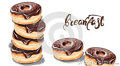 Breakfast donuts Invitation card Vector watercolor. Chocolate sweet decors Vector Illustration