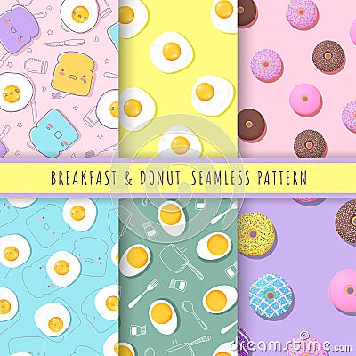 Breakfast and donuts pattern seamless collection. Set of 6 kawaii fried egg, bread and donuts background vector. Stock Photo