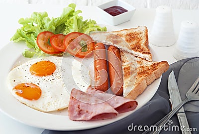 Breakfast egg sausage ham morning Stock Photo