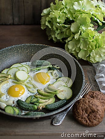 Breakfast with eggs, breakfast, yacha fried, in pan, simple breakfast Stock Photo