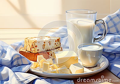 Breakfast with flakes, milk, coffee, toast, cheese and butter on a table with tablecloth with blue and white squares. Stock Photo