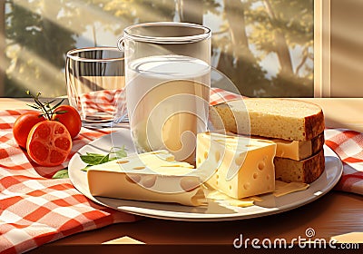 Breakfast with flakes, milk, coffee, toast, cheese and butter on a table with tablecloth with red and white squares Stock Photo