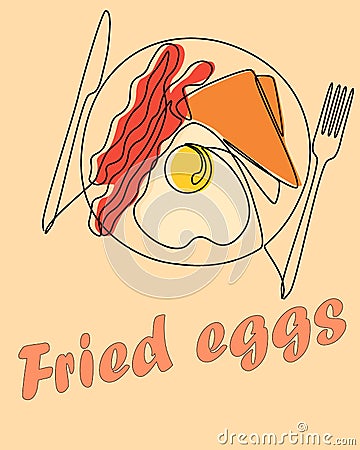 Breakfast food. Fried eggs. Brunch serving top view. Omelet on plate. Bacon slices. Bread or cheese pieces. Line morning Vector Illustration