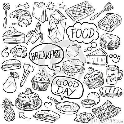 Breakfast Food Traditional Doodle Icons Sketch Hand Made Design Vector Vector Illustration