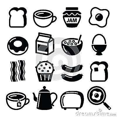 Breakfast food vector icons set - toast, eggs, bacon, coffee Vector Illustration