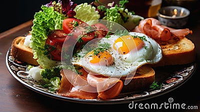 Breakfast Fried eggs bacon cottage cheese toast with salmon on a plate Stock Photo