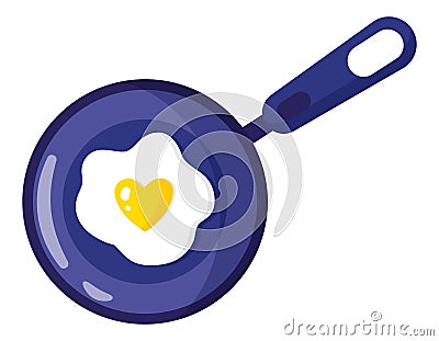 Breakfast in a frying pan. Omelette or scrambled egg with heart Vector Illustration