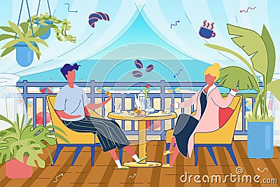 Breakfast on Guest House or Resort Terrace Scene. Vector Illustration