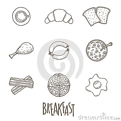 Breakfast hand drawn icon set over white background Vector Illustration
