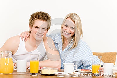 Breakfast happy couple enjoy romantic morning Stock Photo