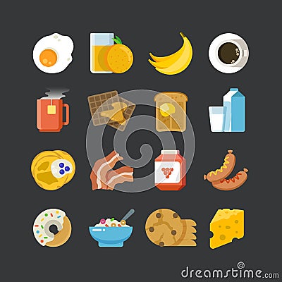 Breakfast healthy food and drinks flat vector icons Vector Illustration