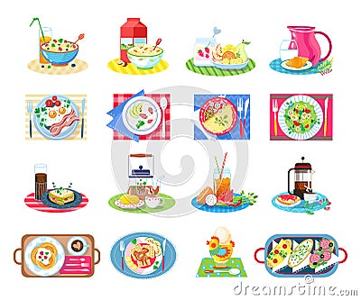 Breakfast healthy food vector illustration set, cartoon flat tasty food drink collection for breakfasting, classic Vector Illustration