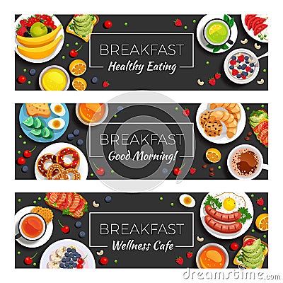 Breakfast Horizontal Banners Vector Illustration