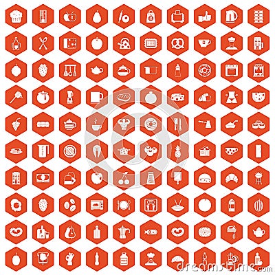 100 breakfast icons hexagon orange Vector Illustration