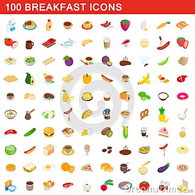 100 breakfast icons set, isometric 3d style Vector Illustration