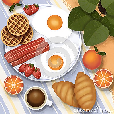 Breakfast illustration. Picnic outdoor scene, top view. Fried eggs, bacon, waffles, croissants, coffee, fruits and plants Cartoon Illustration