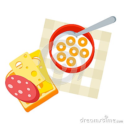 Breakfast illustration. Tasty cereal flakes with milk and sandwich. Concept for cafes, restaurants. Vector Illustration