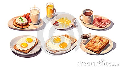 Breakfast items with toast, fried eggs, ham, orange juice, coffee and milk isolated on white created with Generative AI Stock Photo