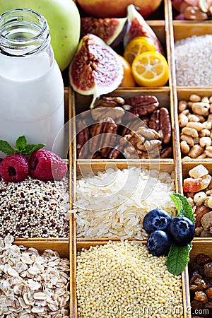 Breakfast items in wooden box Stock Photo