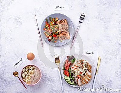 Breakfast, lunch and dinner. Day menu Stock Photo